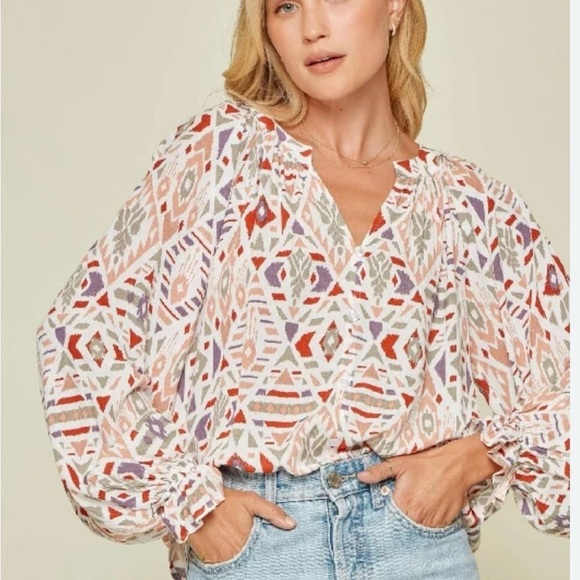 ANDREE BY UNIT Tops - ANDREE BY UNIT White and Orange Bishop Sleeve Blouse
